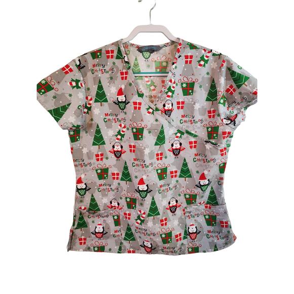 SERENE UNIFORMS Gray Christmas Owls and Snowflakes Scrubs Top SZ LARGE - Picture 1 of 6